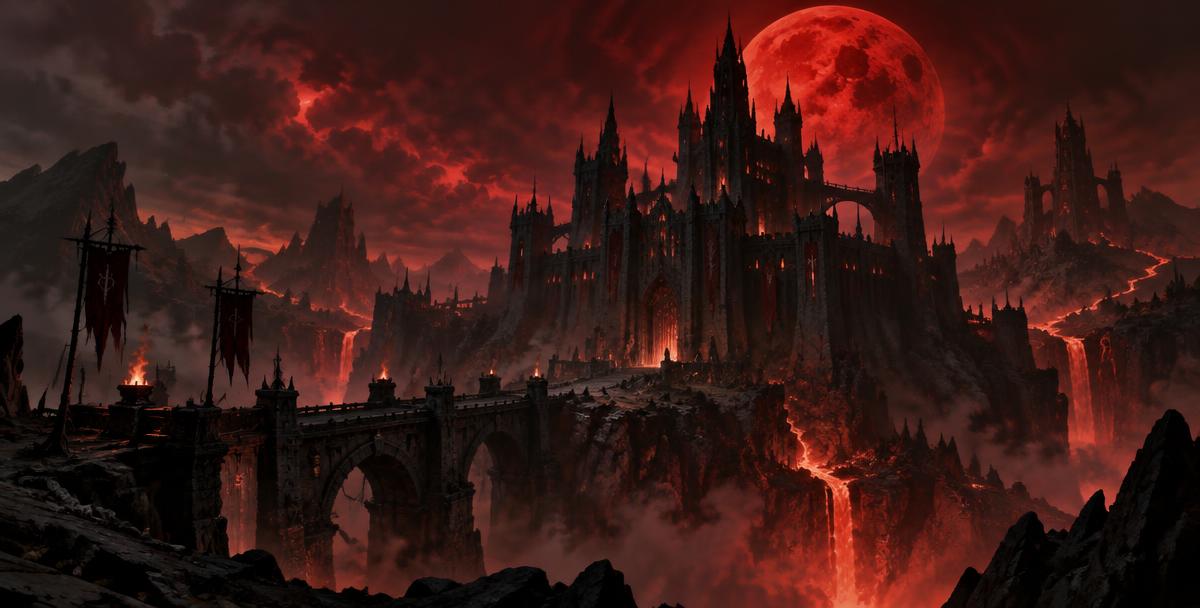 A dark fortress beneath a crimson moon